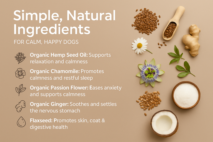 Natural ingredients in Auralief Calming Chews including hemp and chamomile