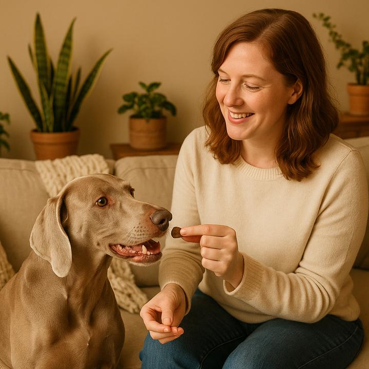 Pet parent giving Auralief Calming Chew to their dog for anxiety support