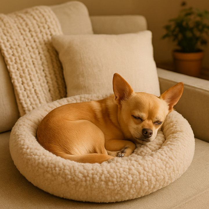 Small dog relaxing after taking Auralief Calming Chews for stress relief