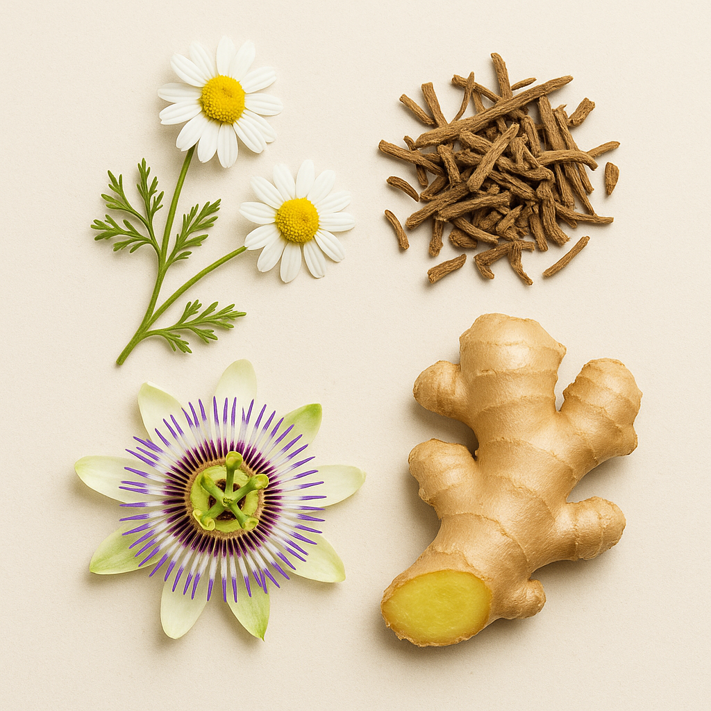 Ingredients in Auralief Calming Chews including chamomile, valerian root, and hemp